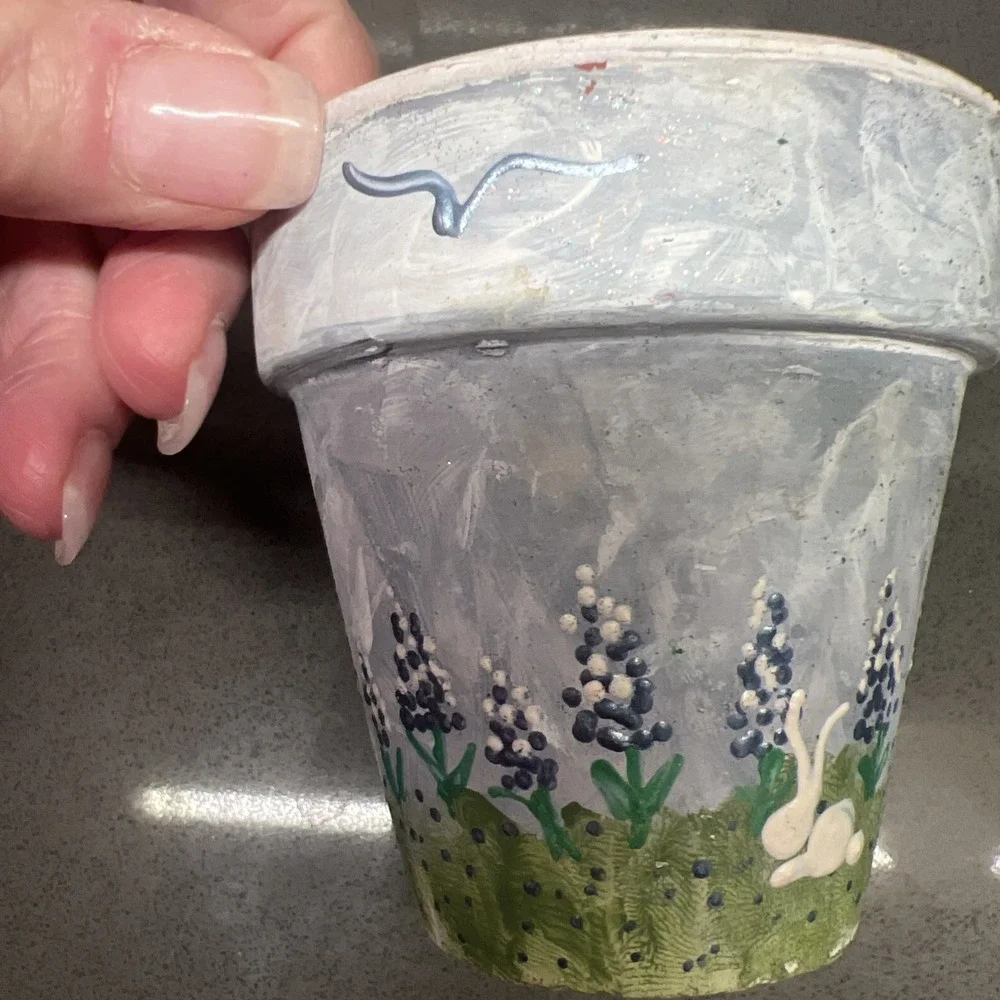 Set of 2 Small Hand Painted Plant Flower Pots With Bunnies